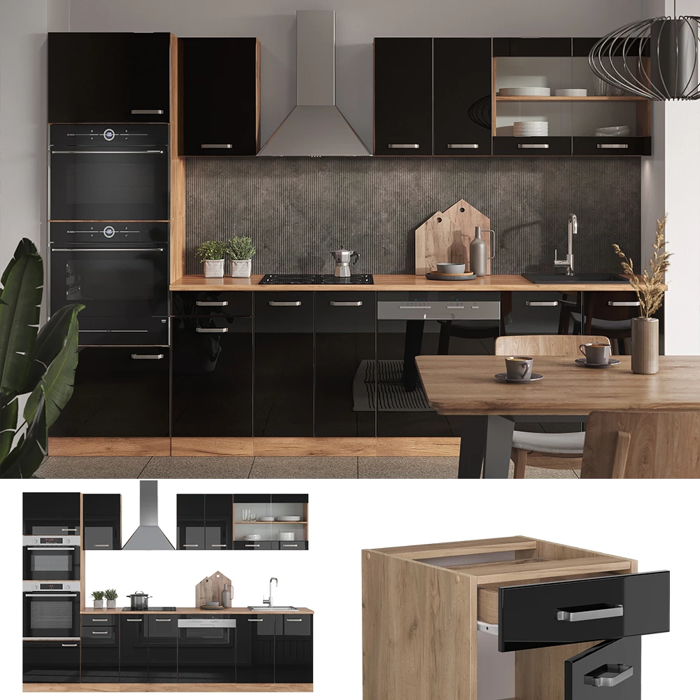Keukenblok in Eiken hoogglans zwart/goud, getoond in een sfeervolle omgeving en op een witte achtergrond