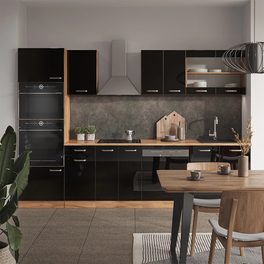 Vicco Küchenzeile "R-Line", Schwarz Hochglanz/Goldkraft Eiche, 300 cm mit Hochschrank, ohne Arbeitsplatte