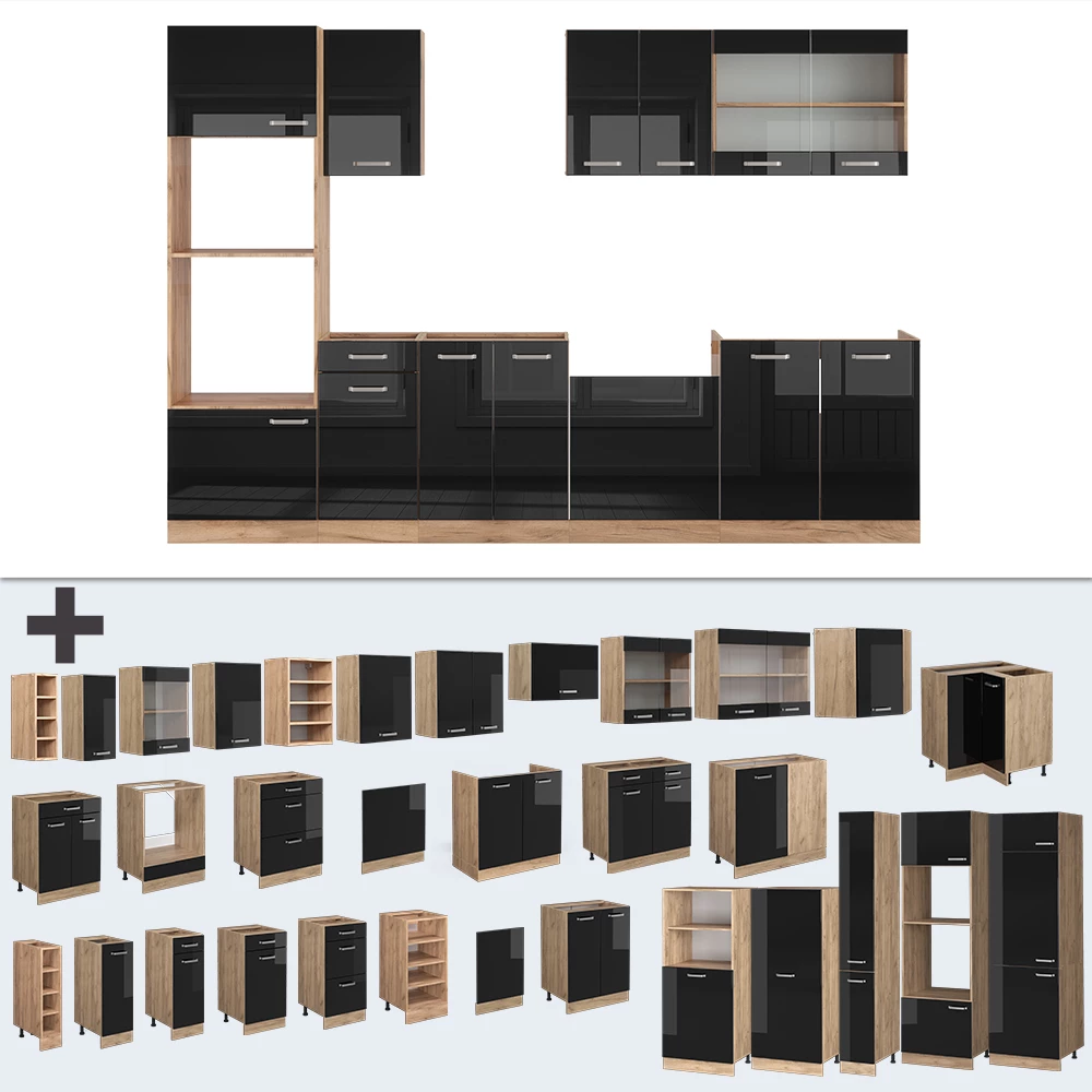 Keukenblok in Eiken hoogglans zwart/goud op een witte achtergrond met decoratieve elementen