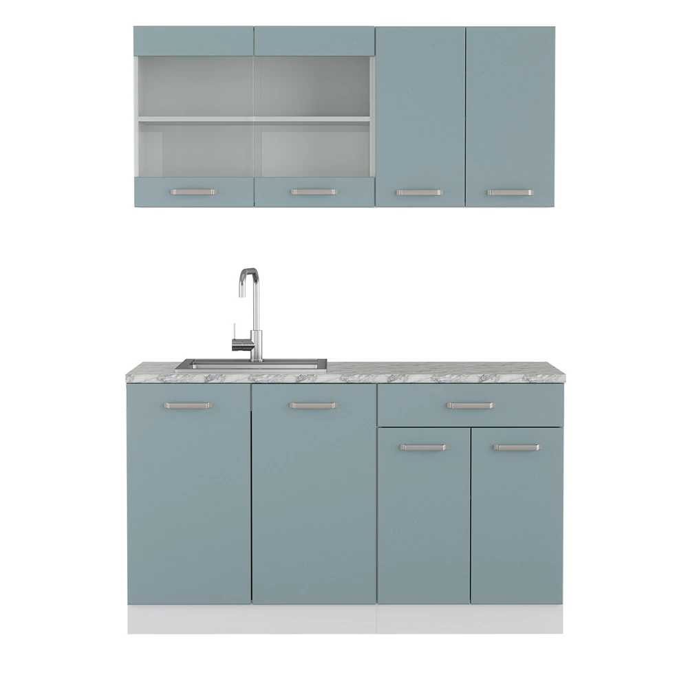 Vicco cucina monoblocco "R-line", Grigio-blu/Bianco, 140 cm , PL Marmo