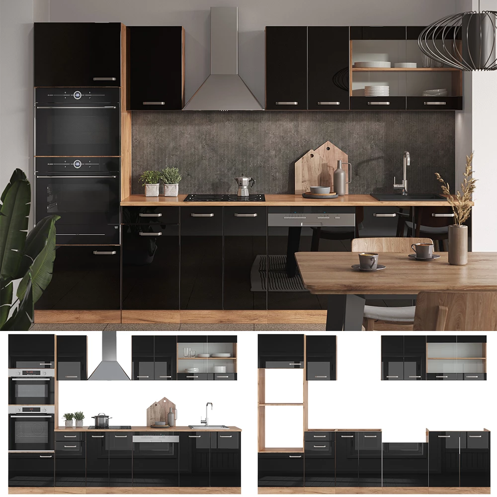 Keukenblok R-Line Eiken hoogglans zwart/goud 300 cm met hoge kast, zonder werkblad Vicco