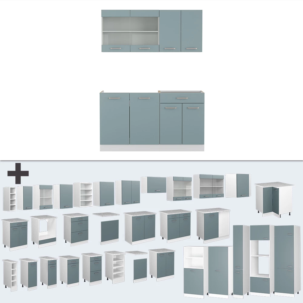 Enkele keuken in Blauw-grijs/wit op een witte achtergrond met decoratieve elementen