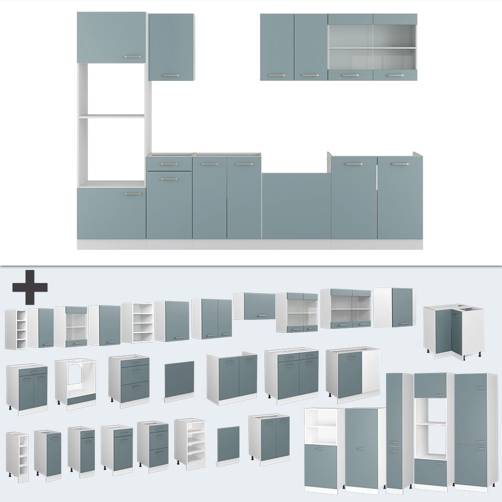 Keukenblok in Blauw-grijs/wit op een witte achtergrond met decoratieve elementen