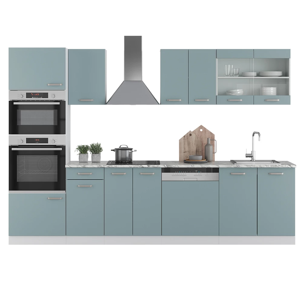 Keukenblok in Blauw-grijs op een witte achtergrond met decoratieve elementen