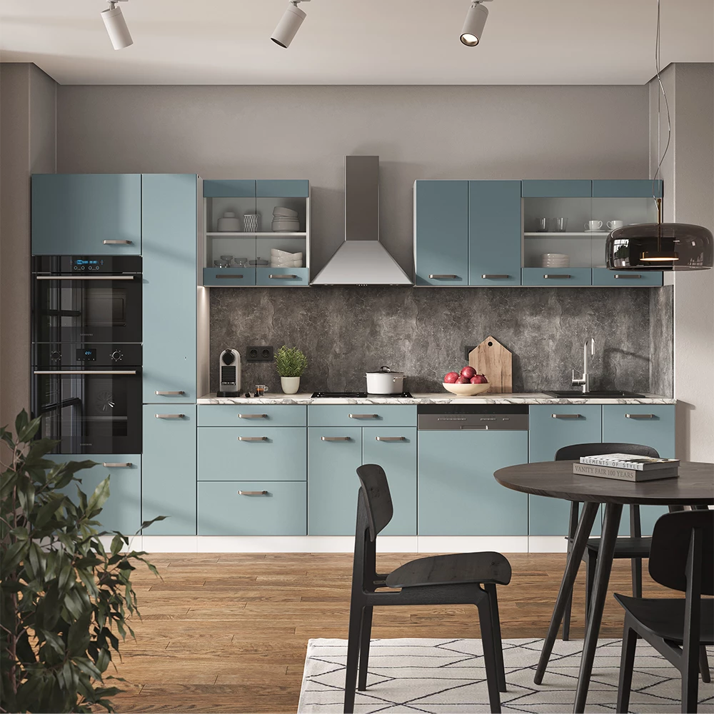 Vicco Küchenzeile "R-Line", Blau-Grau/Weiß, 300 cm mit Hochschrank, ohne Arbeitsplatte