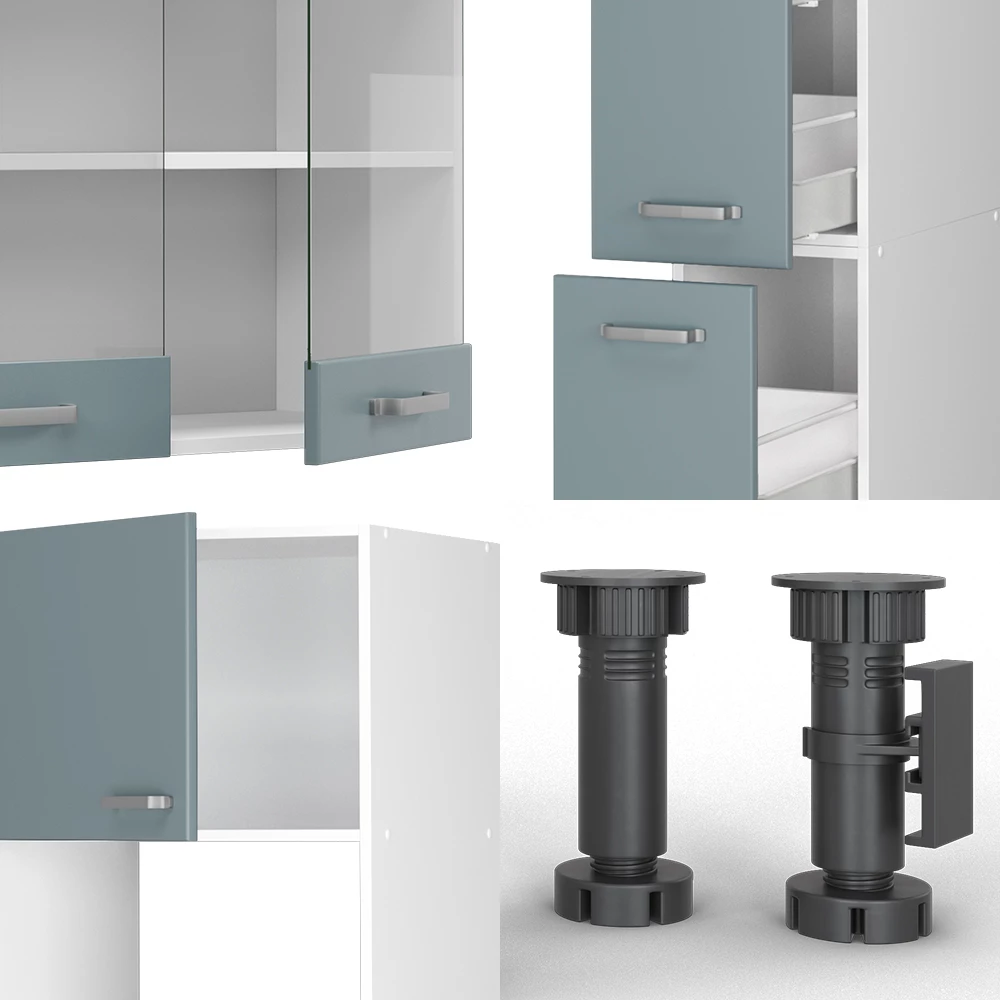 Vicco Küchenzeile "R-Line", Blau-Grau/Weiß, 300 cm mit Hochschrank, ohne Arbeitsplatte