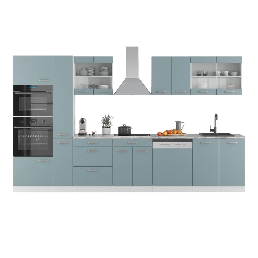 Vicco Küchenzeile "R-Line", Blau-Grau/Weiß, 300 cm mit Hochschrank, ohne Arbeitsplatte