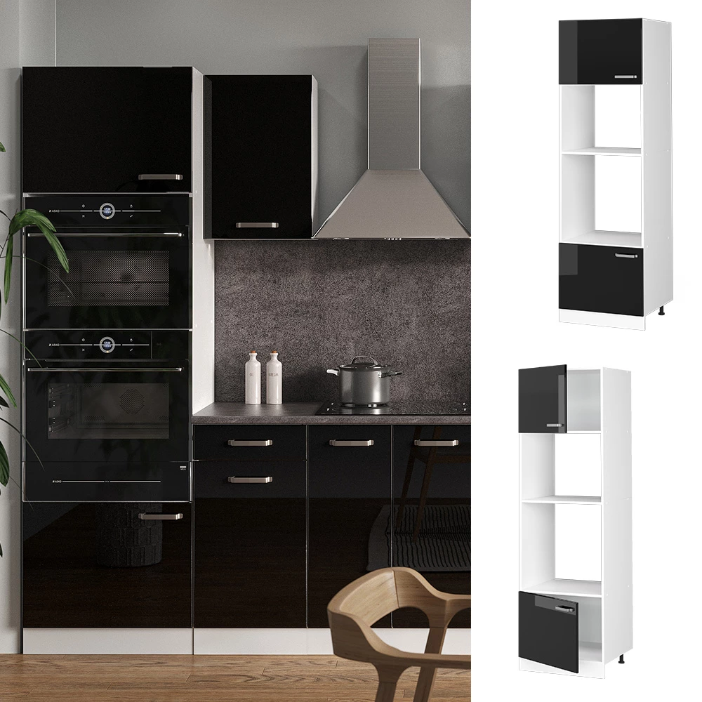 Mikrowellenschrank in Schwarz Hochglanz, dargestellt im Ambiente und auf weißem Hintergrund