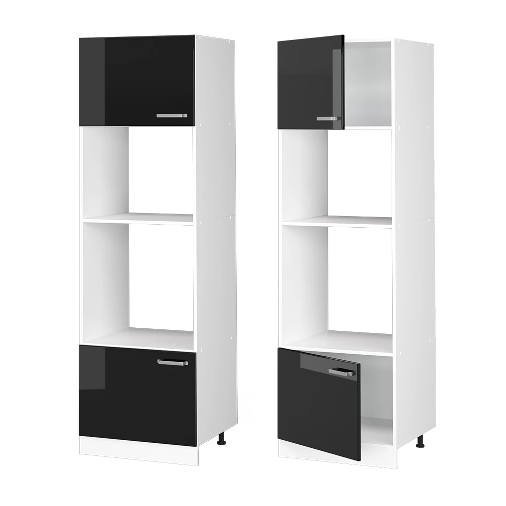Nahaufnahme von Hochschrank in Schwarz Hochglanz, zeigt Design- und Oberflächendetails