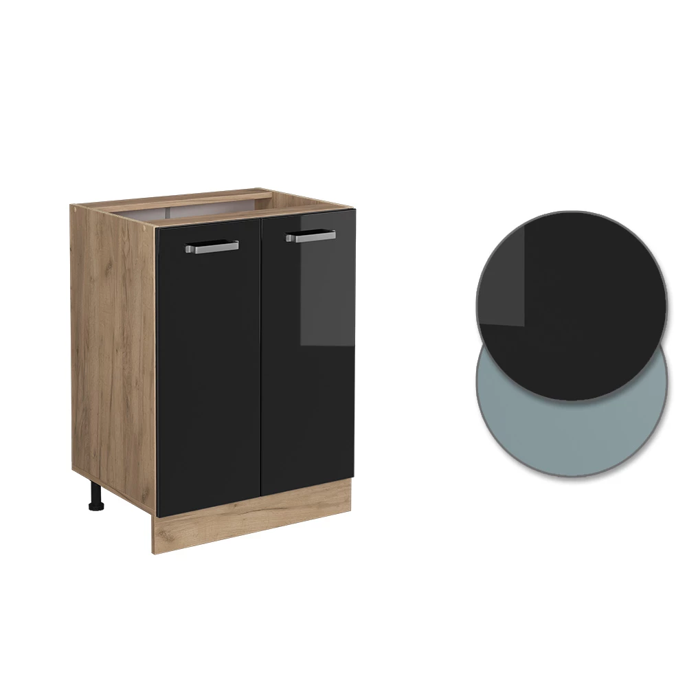 Nahaufnahme von Küchenunterschrank in Schwarz Hochglanz, zeigt Design- und Oberflächendetails