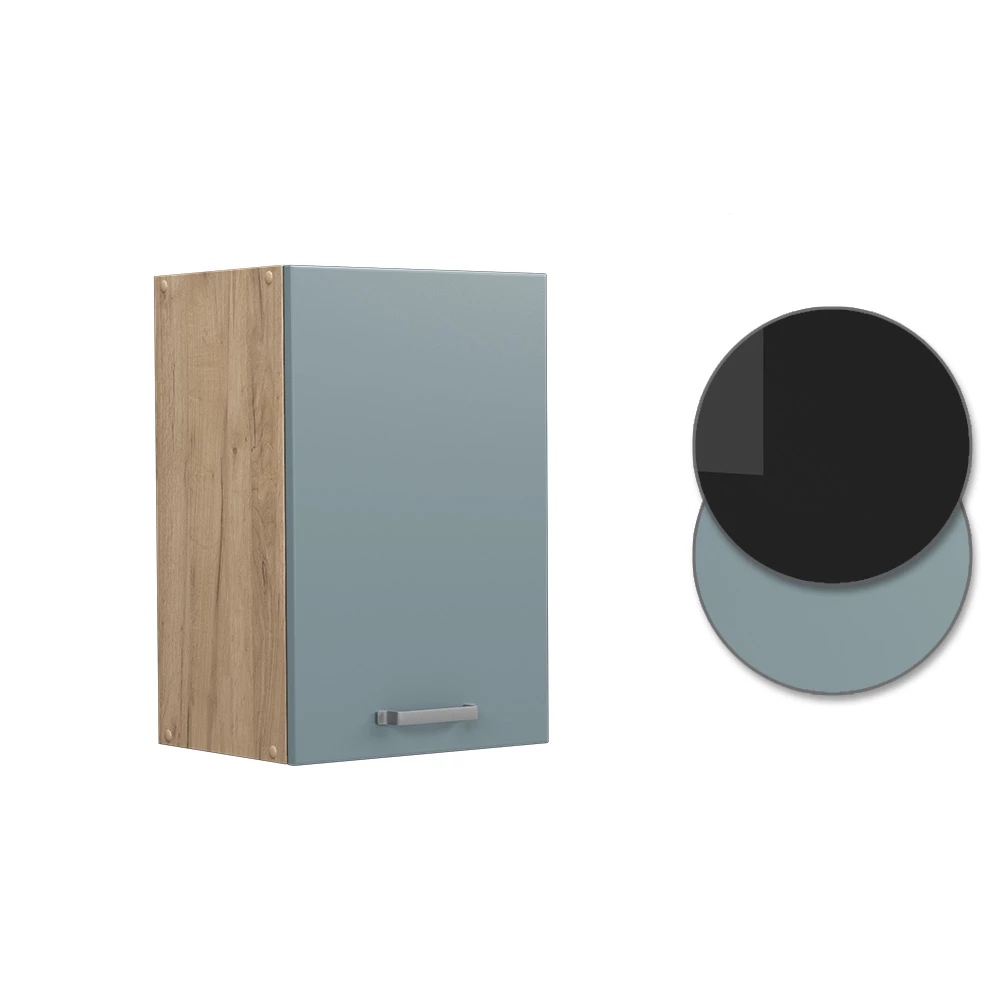 Nahaufnahme von Hängeschrank in Blau-Grau, zeigt Design- und Oberflächendetails