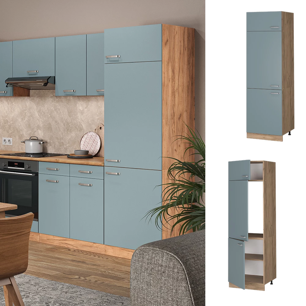 Vicco Kühlumbauschrank R-Line, Hochschrank für die Küche, Blau-Grau/Goldkraft Eiche, 60 cm