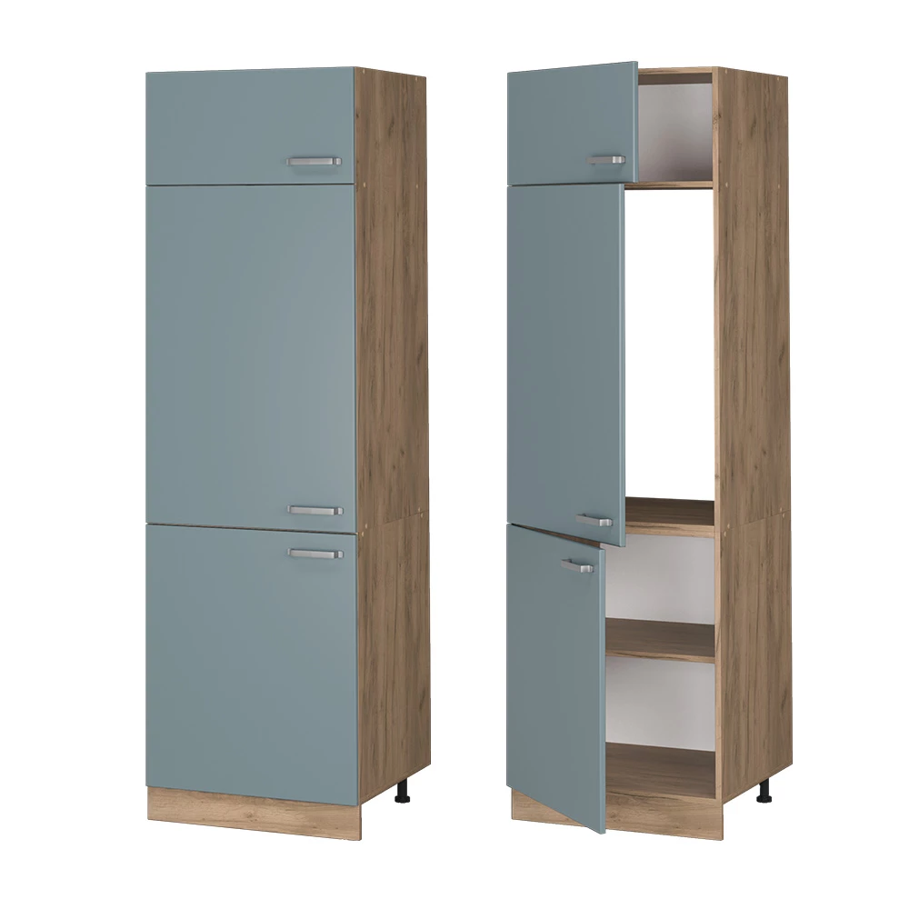 Vicco Kühlumbauschrank R-Line, Hochschrank für die Küche, Blau-Grau/Goldkraft Eiche, 60 cm