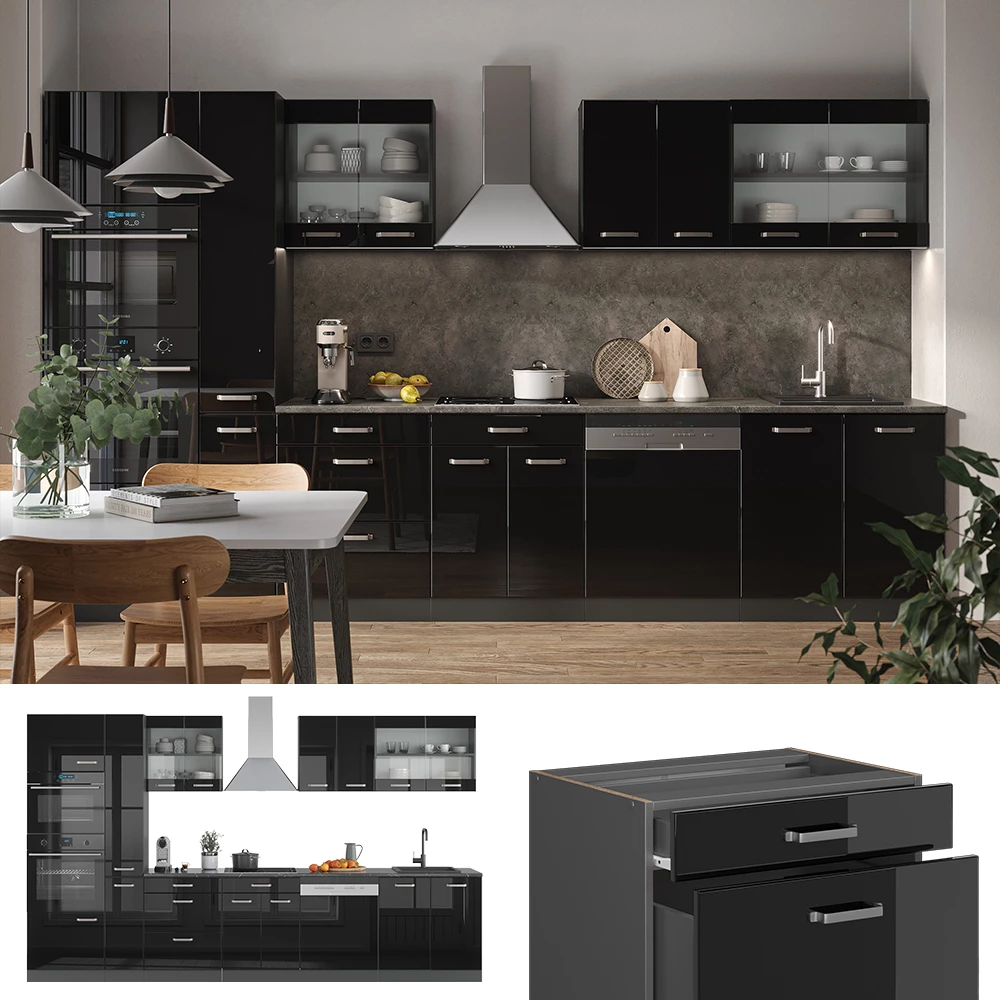 Keukenblok in Hoogglans zwart/antraciet, shown in ambient setting and on white background