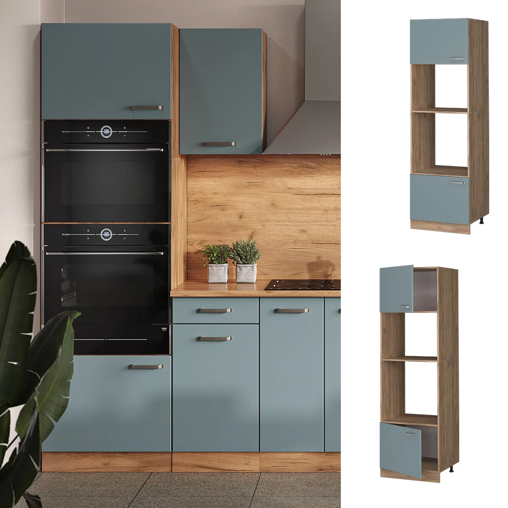 Mikrowellenschrank in Blau-Grau, dargestellt im Ambiente und auf weißem Hintergrund