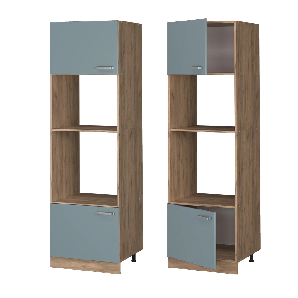 Nahaufnahme von Mikrowellenschrank in Blau-Grau, zeigt Textur/Details