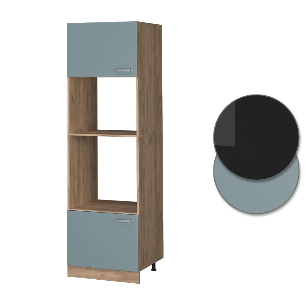 Nahaufnahme von Mikrowellenschrank in Blau-Grau, zeigt Design- und Oberflächendetails