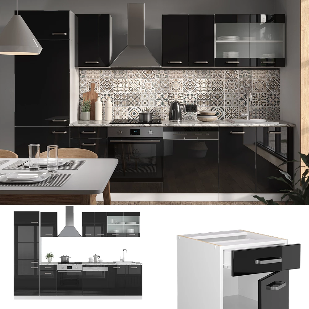 Vicco Küchenzeile "R-Line", Schwarz Hochglanz/Weiß, 300 cm , AP Marmor