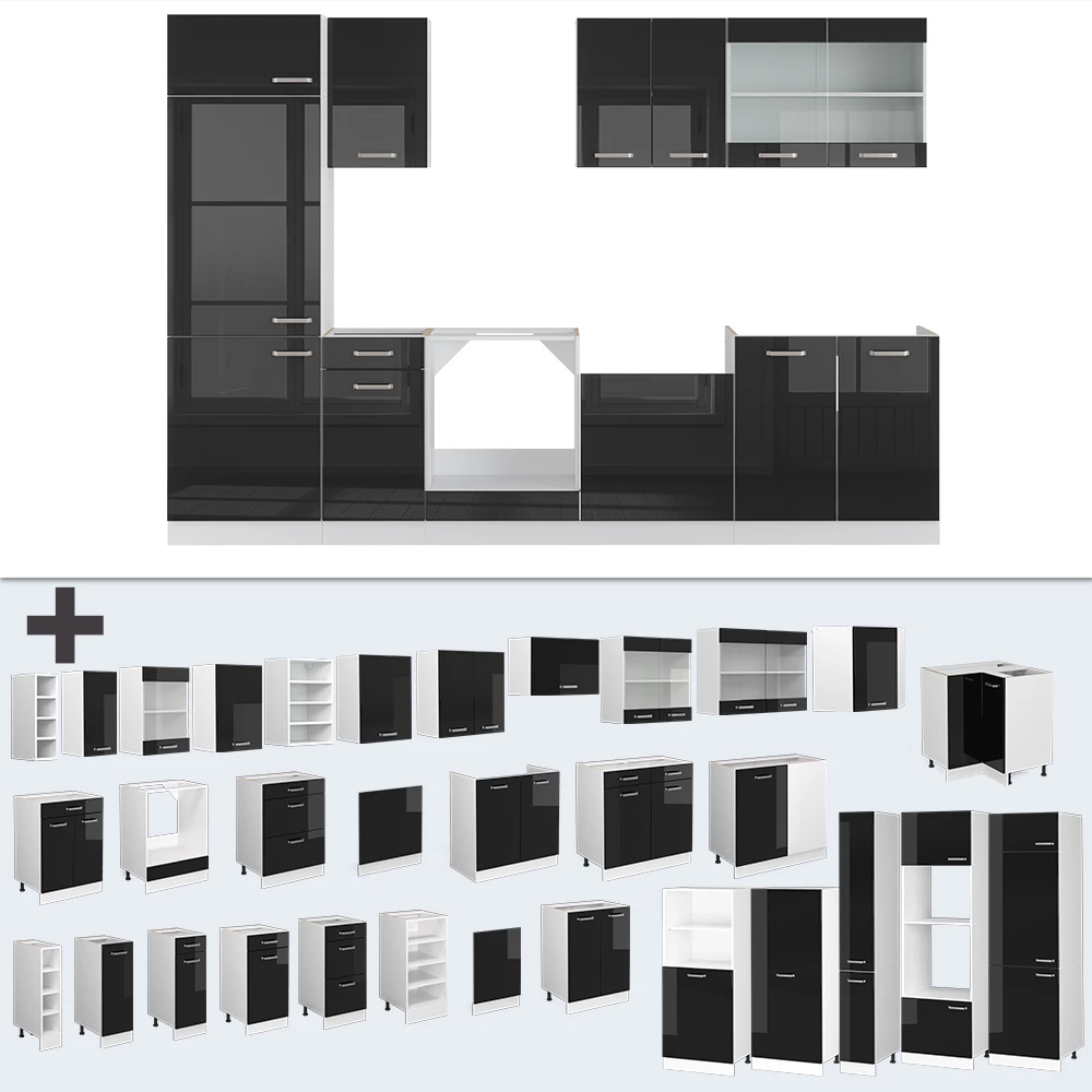 Vicco Küchenzeile "R-Line", Schwarz Hochglanz/Weiß, 300 cm , AP Marmor