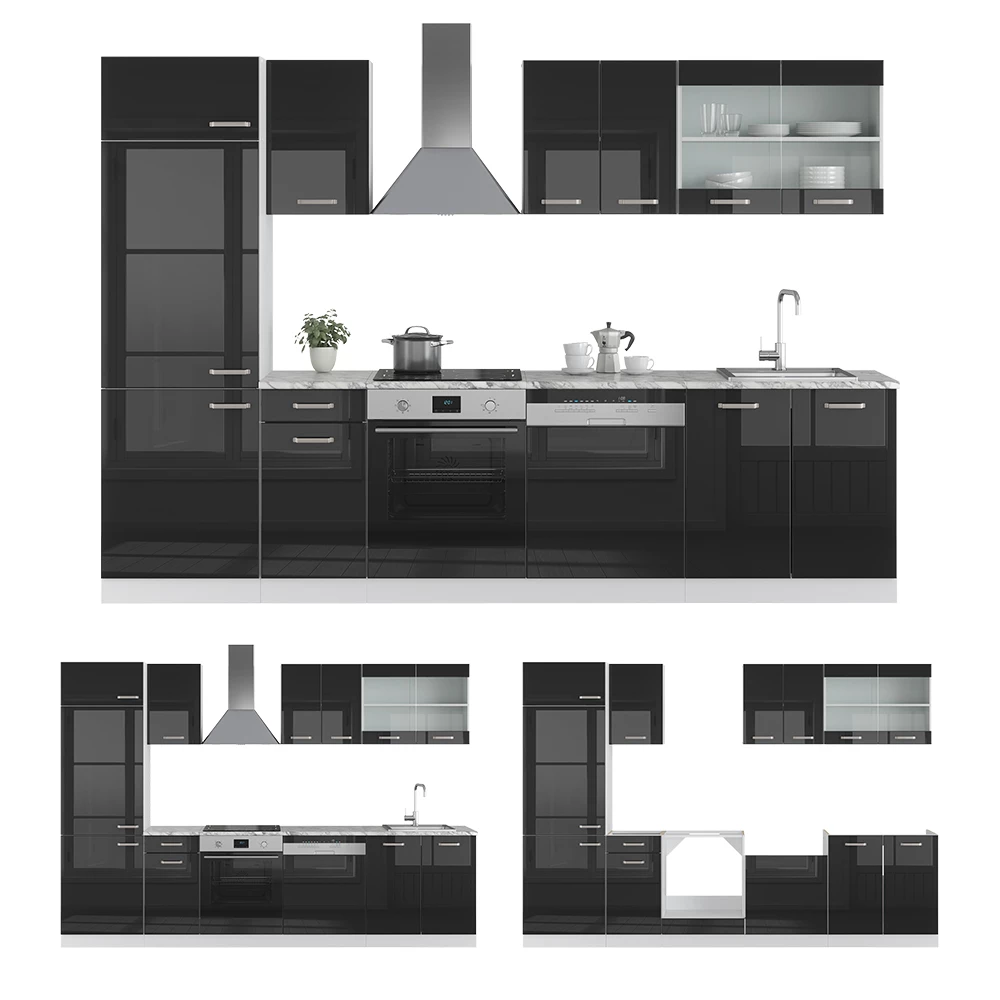 Vicco Küchenzeile "R-Line", Schwarz Hochglanz/Weiß, 300 cm , AP Marmor