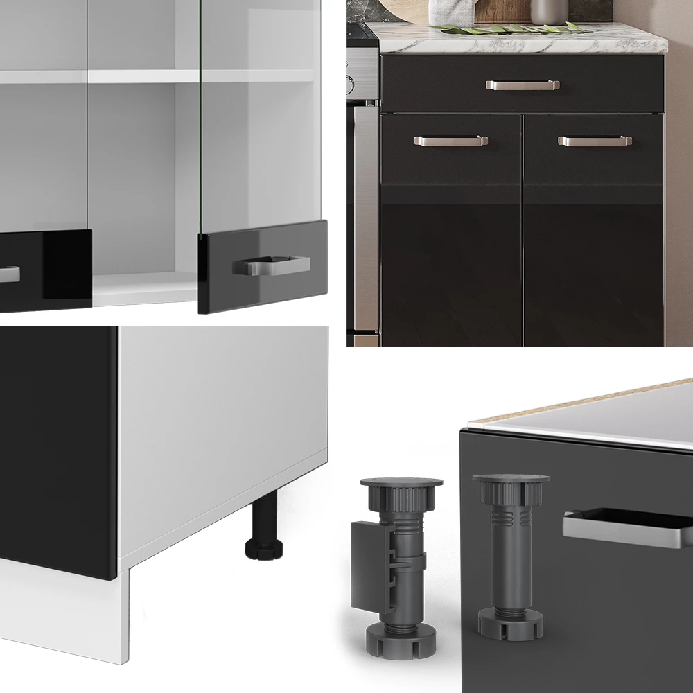 Nahaufnahme von Küchenzeile in Schwarz Hochglanz/Weiß, zeigt Design- und Oberflächendetails