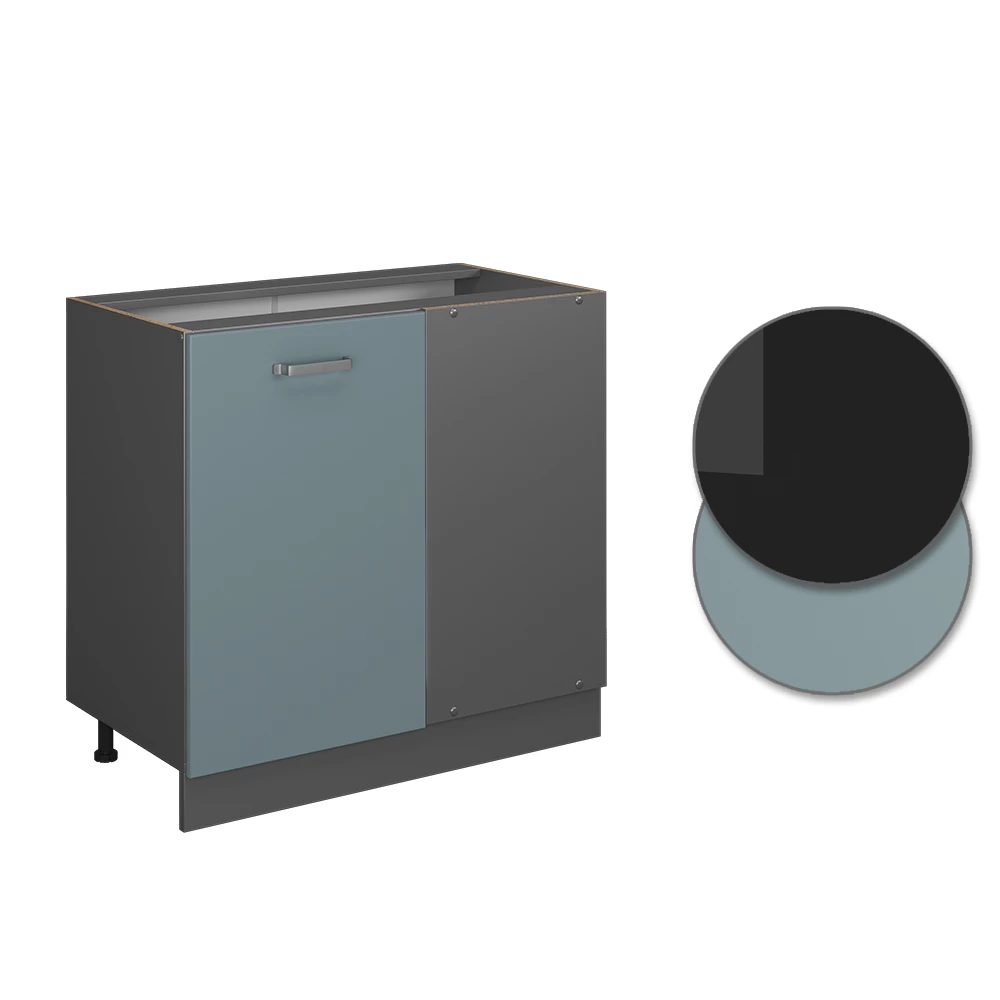 Nahaufnahme von Eckunterschrank in Blau-Grau, zeigt Design- und Oberflächendetails