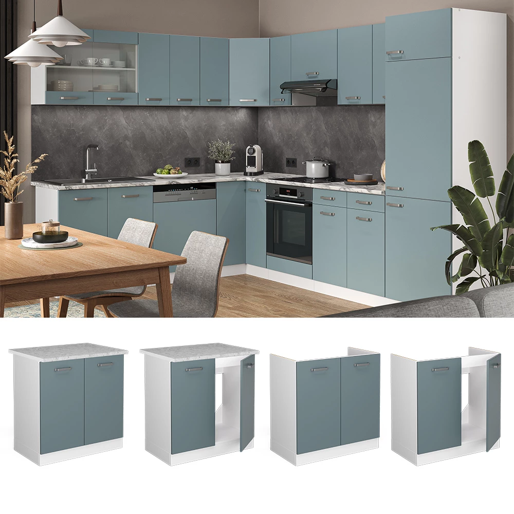 Vicco Spülenunterschrank "R-Line", Blau-Grau/Weiß, 80 cm ohne Arbeitsplatte