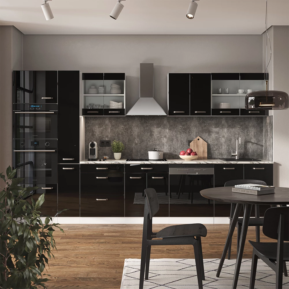 Vicco Kitchenette Negru lucios/alb 350cm, R-Line