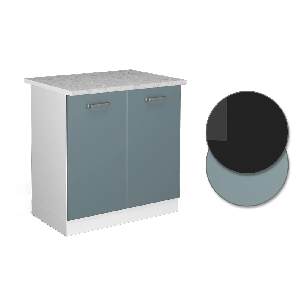 Nahaufnahme von Spülenunterschrank in Blau-Grau, zeigt Design- und Oberflächendetails