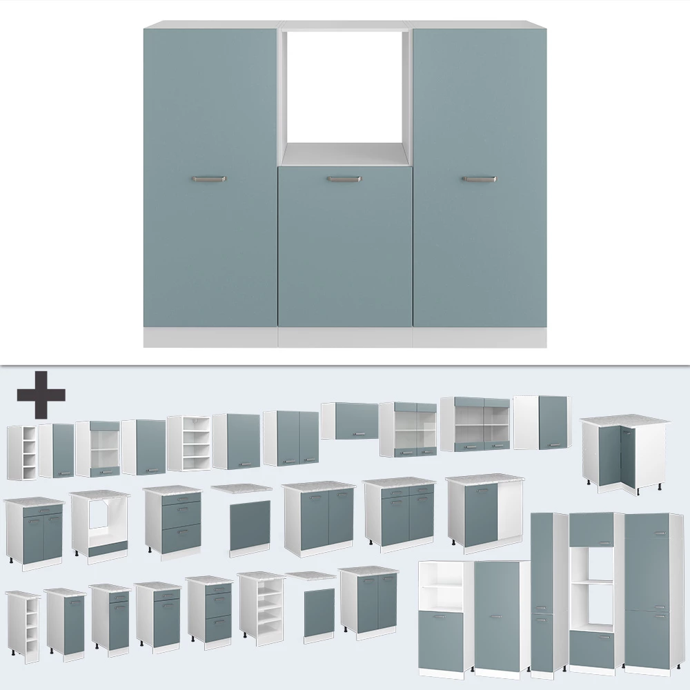 Nahaufnahme von Einbauküche  in Blau-Grau/Weiß, zeigt Design- und Oberflächendetails