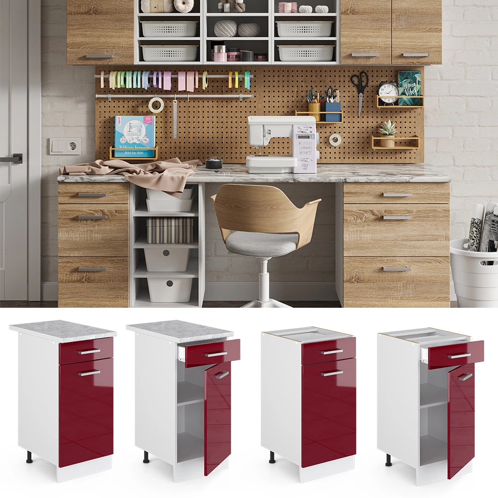 Vicco Base universale Rosso bordeaux lucido 40 cm con cassetto, senza piano di lavoro, R-Line