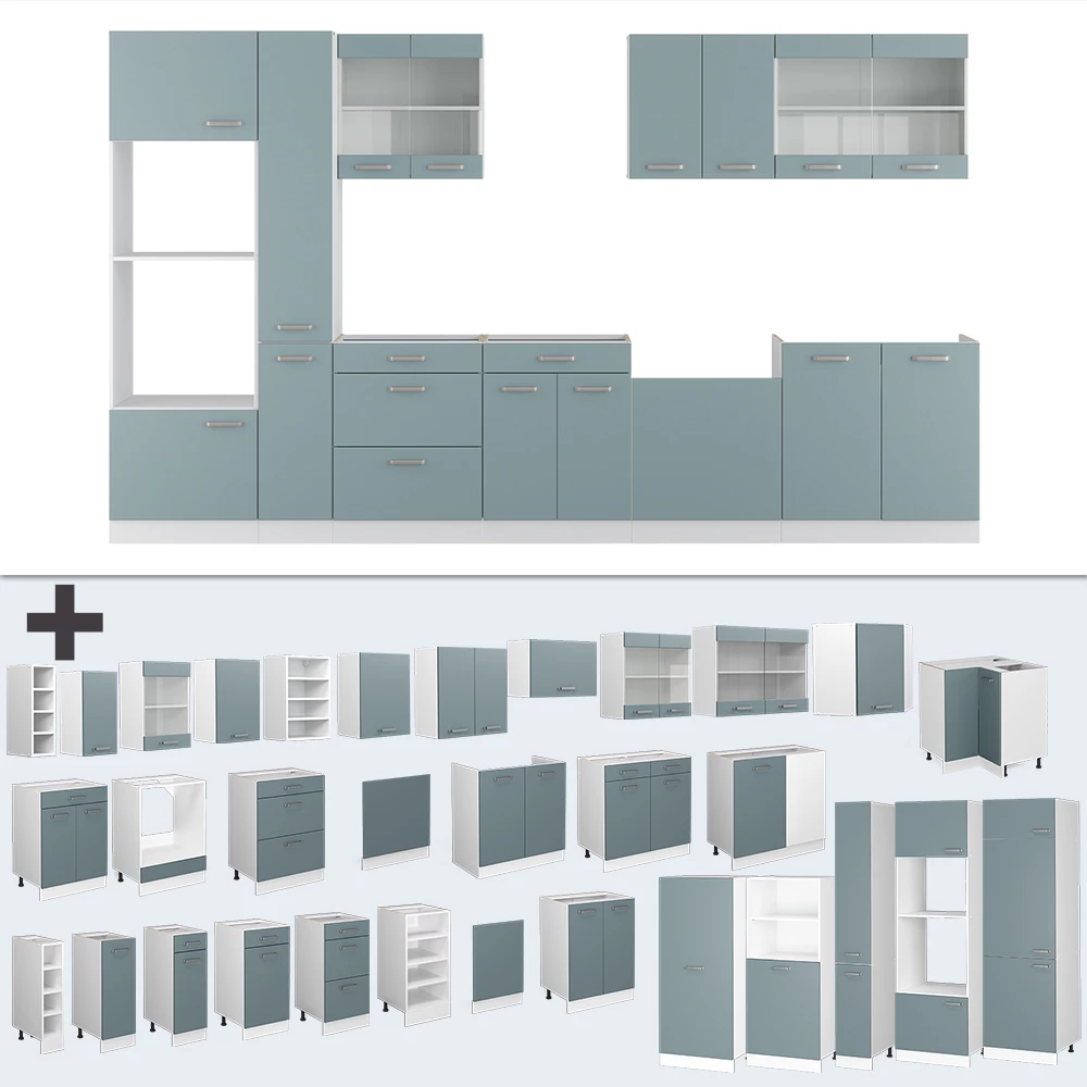Vicco Küchenzeile "R-Line", Blau-Grau/Weiß, 300 cm mit Hochschrank, ohne Arbeitsplatte