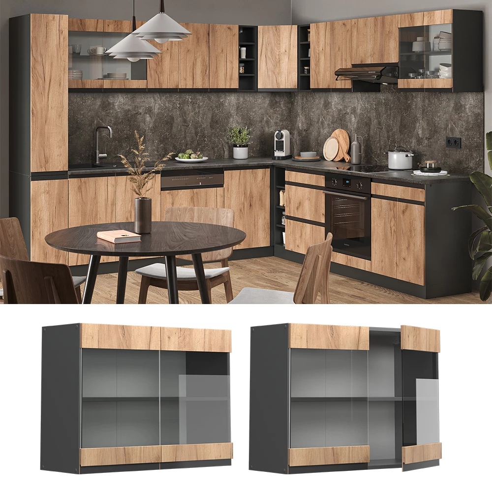 Meuble De Cuisine Haut Vitré Fame-Line - 80 Cm De Large - Finition Chêne De Force Doré/anthracite - Portes Vitrées - Charnières Soft-closing