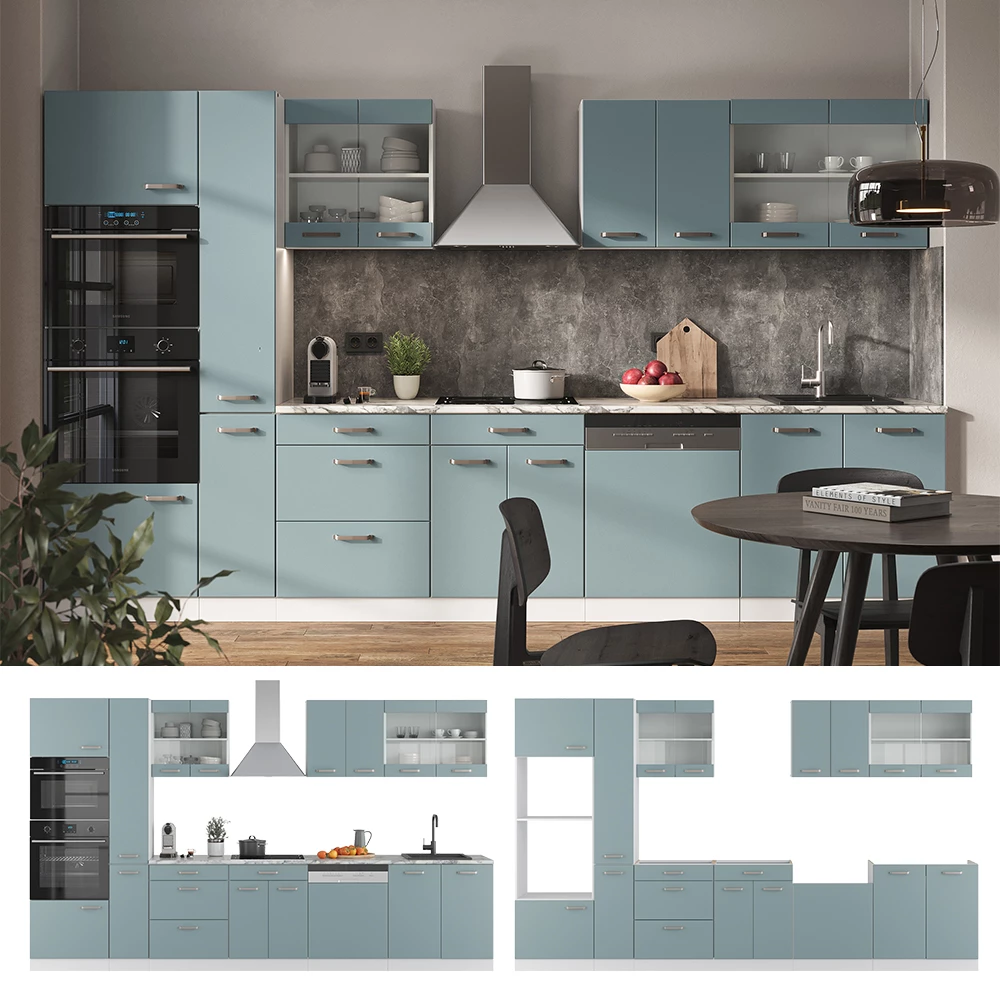 Vicco Küchenzeile "R-Line", Blau-Grau/Weiß, 300 cm mit Hochschrank, ohne Arbeitsplatte