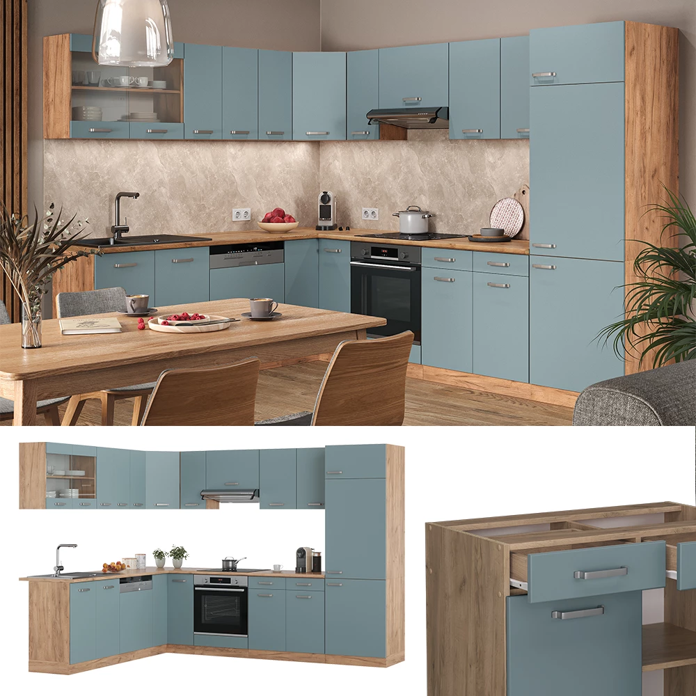 Hoekkeuken in Blauw-grijs/gouden eik, getoond in een sfeervolle omgeving en op een witte achtergrond