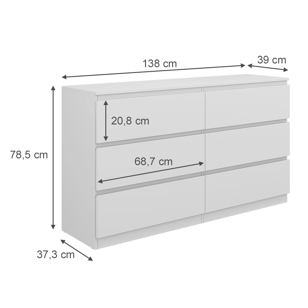 Kommode  in Weiß auf weißem Hintergrund mit sichtbaren Maßen