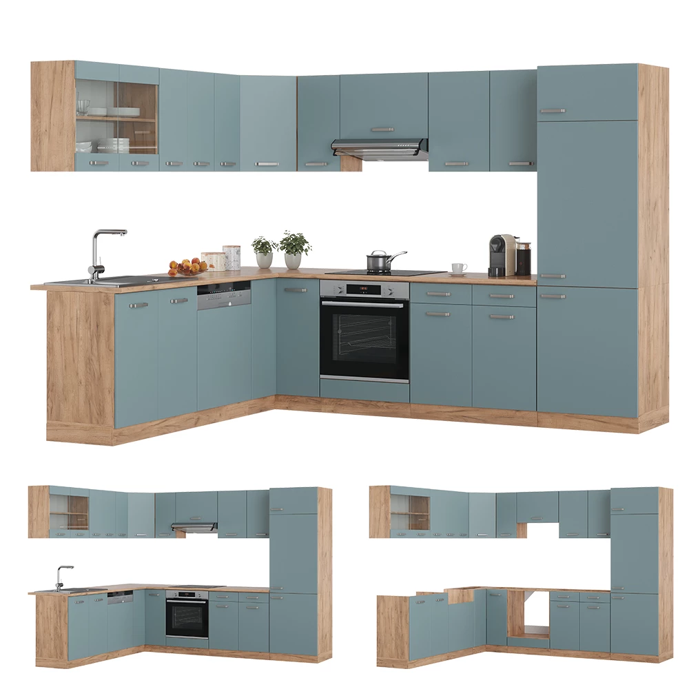 Hoekkeuken in Blauw-grijs/gouden eik op een witte achtergrond met decoratieve elementen