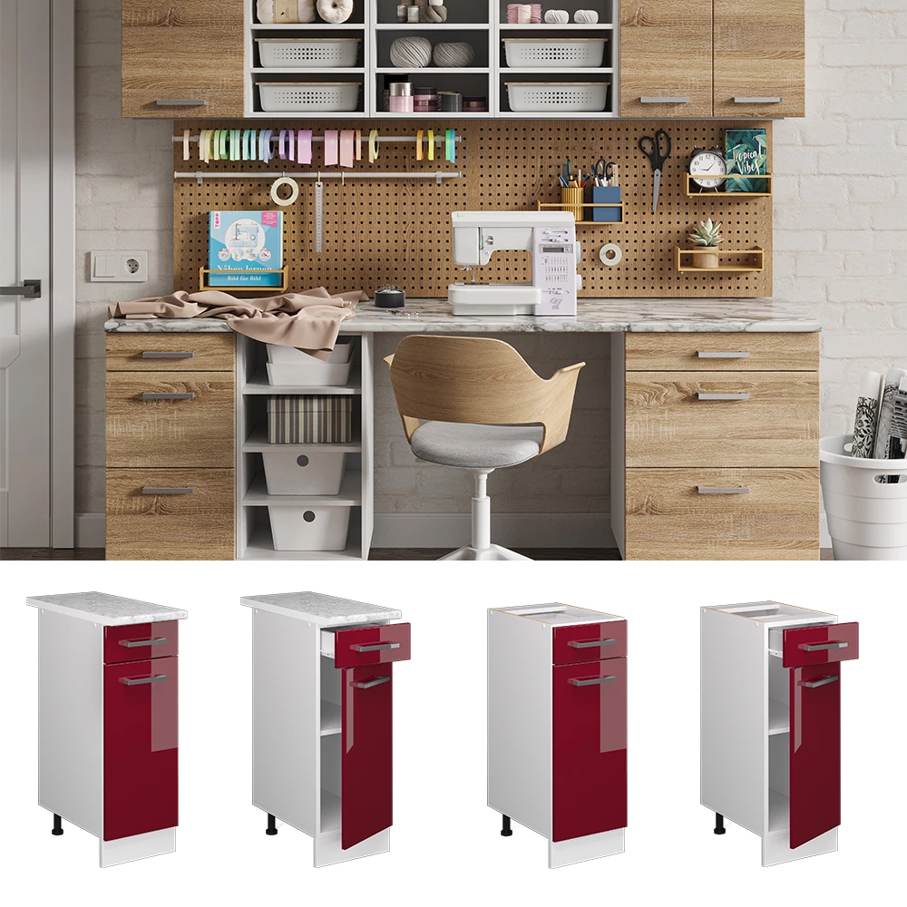 Vicco Universal base unit Bordeaux High Gloss 30 cm with drawer, without worktop, R-Line