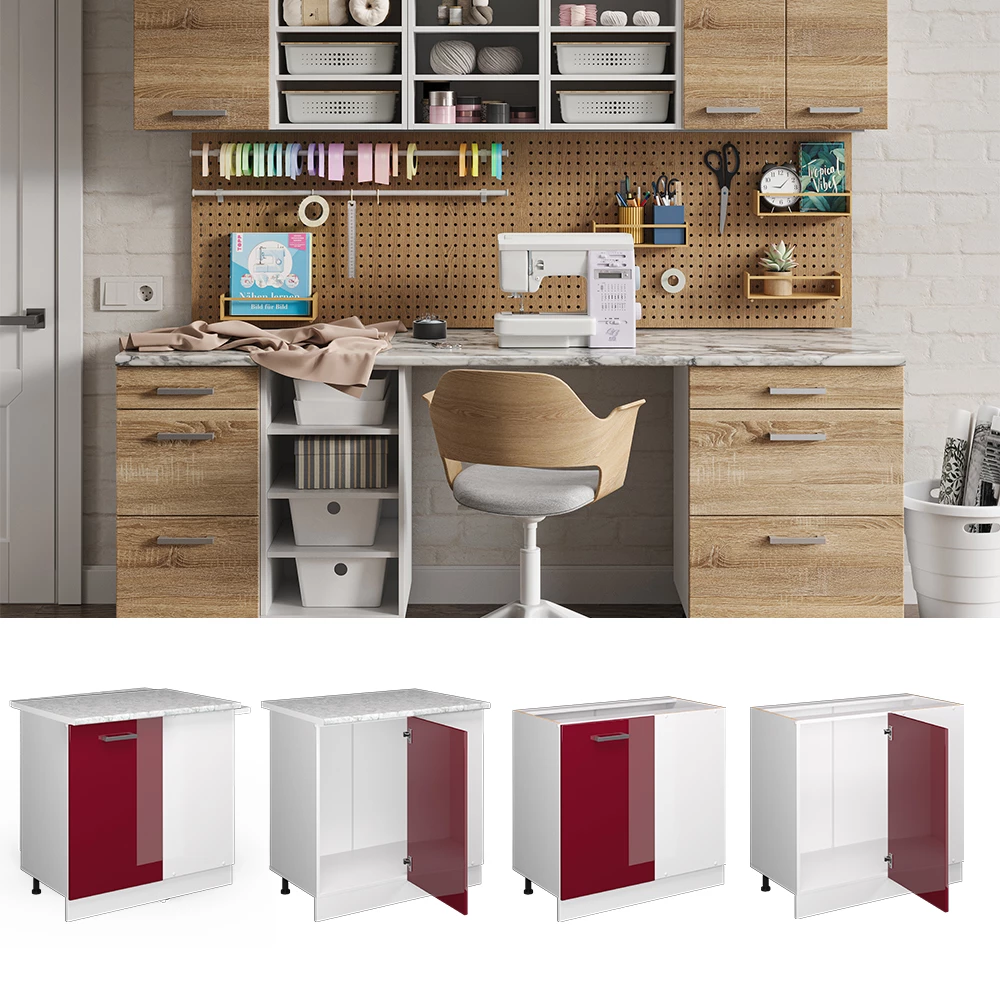 Eckschrank für Hausrat in Bordeaux Hochglanz auf weißem Hintergrund