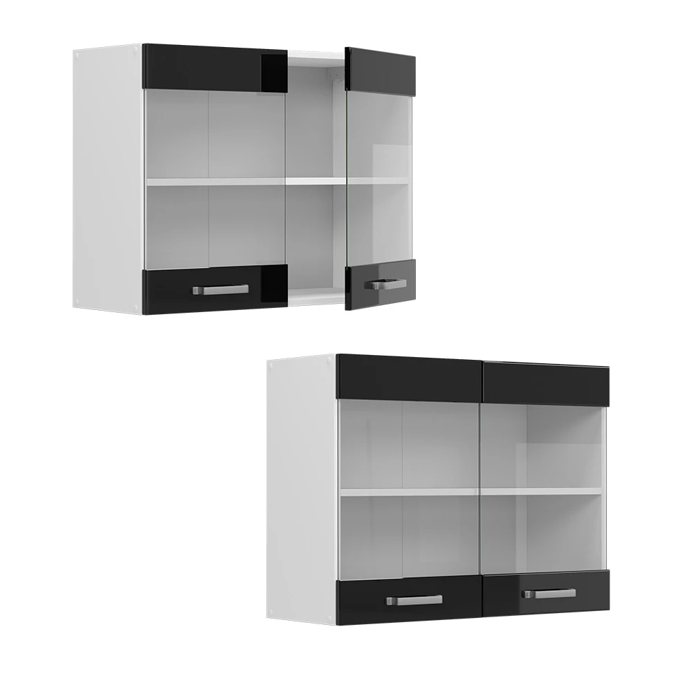Nahaufnahme von Hängeschrank in Schwarz Hochglanz, zeigt Design- und Oberflächendetails