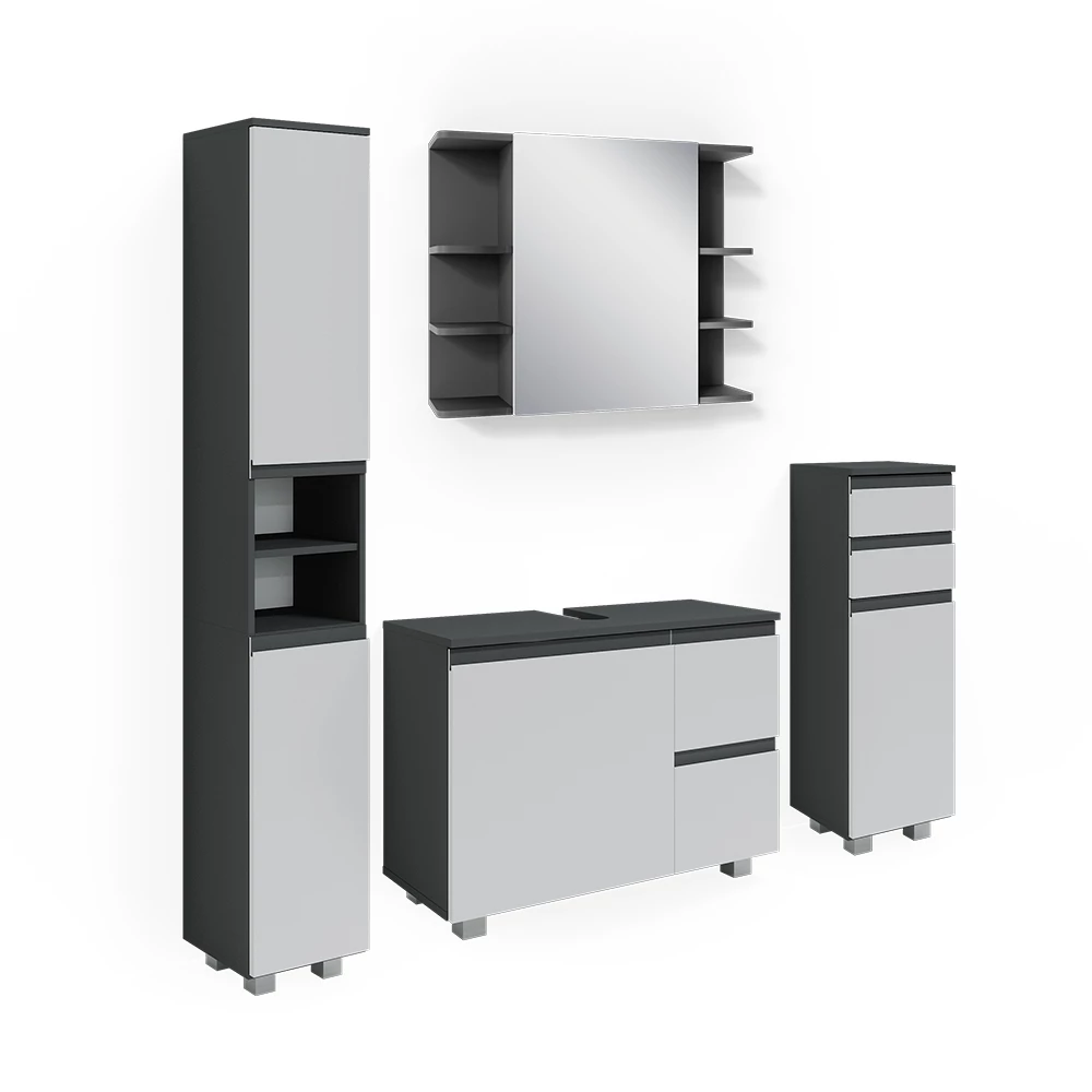 Ensemble Meubles Salle De Bain Anthracite - Lavabo 80 Cm, Armoire Haute, 3 Armoires Suspendues, Miroir LED - 180x200x46,5 Cm