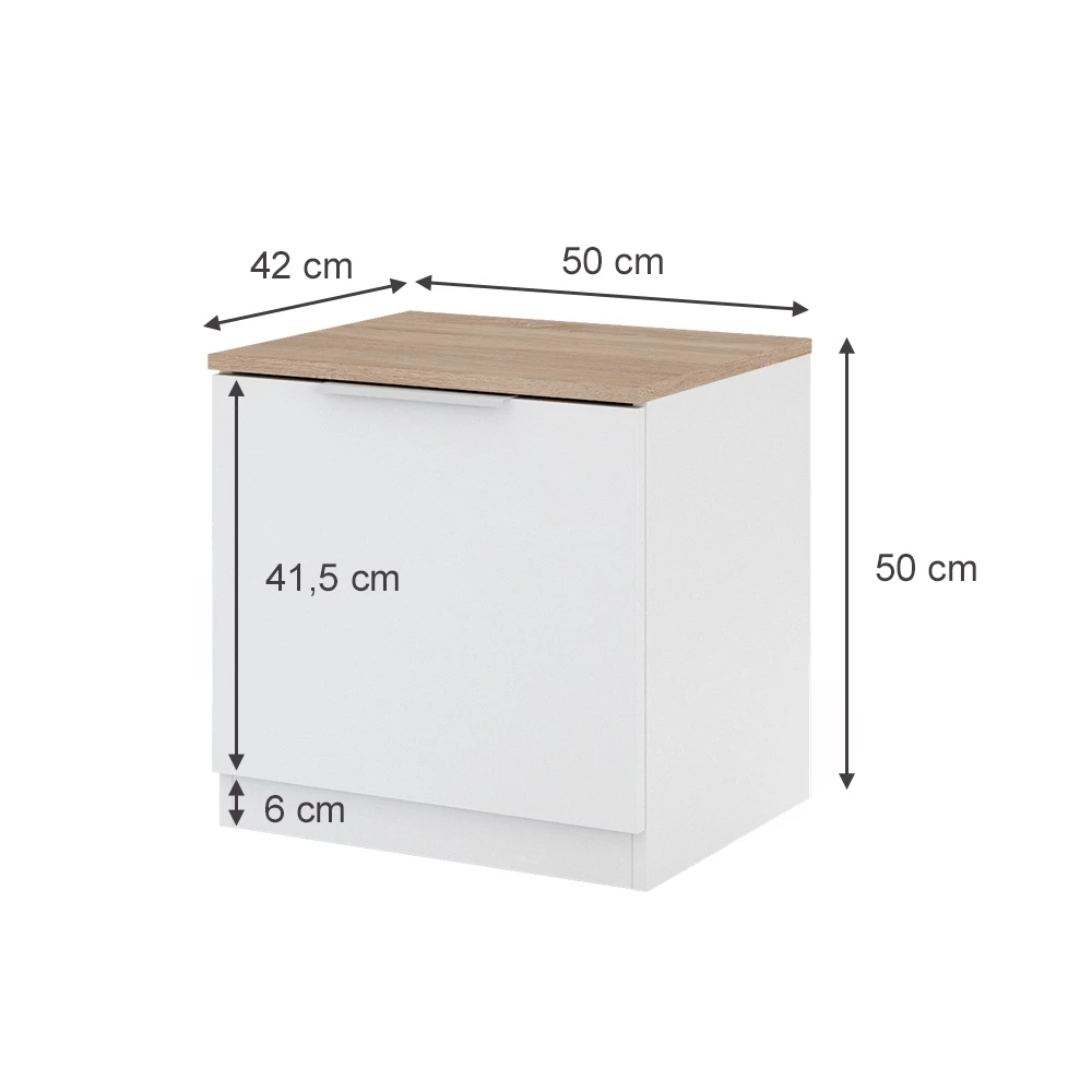 Nachttisch in Weiß/Sonoma auf weißem Hintergrund mit sichtbaren Maßen