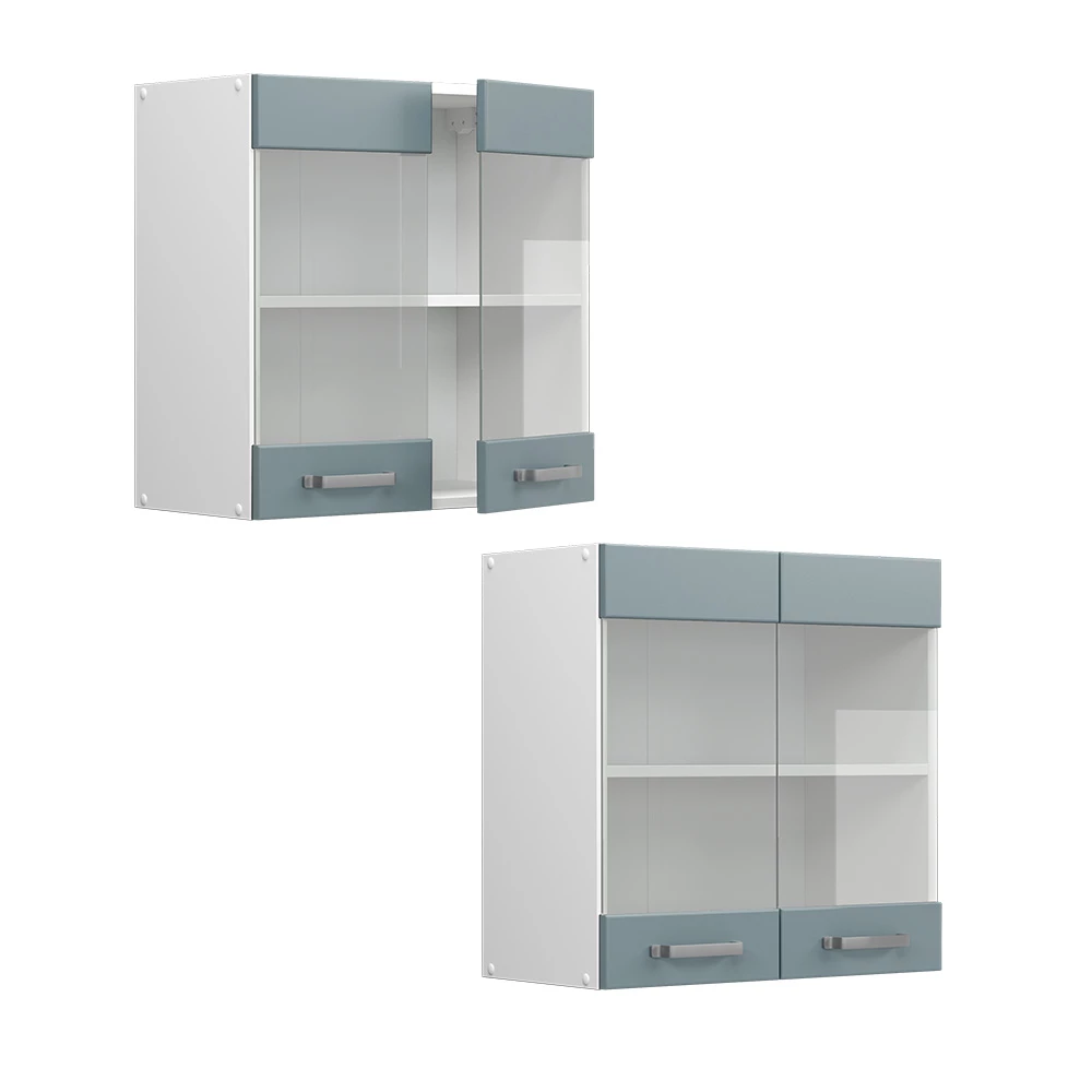 Nahaufnahme von Hängeschrank in Blau-Grau, zeigt Design- und Oberflächendetails