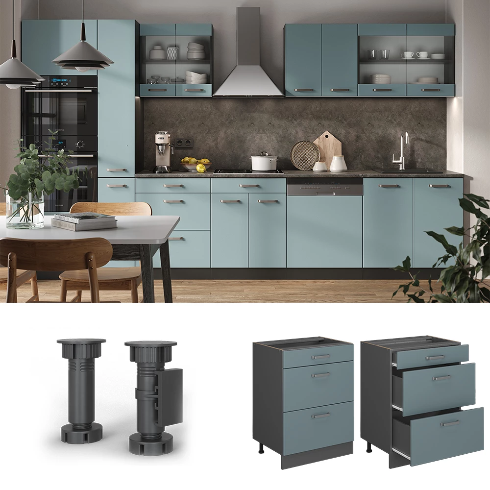 Vicco Küchenunterschrank "R-Line", Blau-Grau/Anthrazit, 60 cm mit Schubladen, ohne Arbeitsplatte