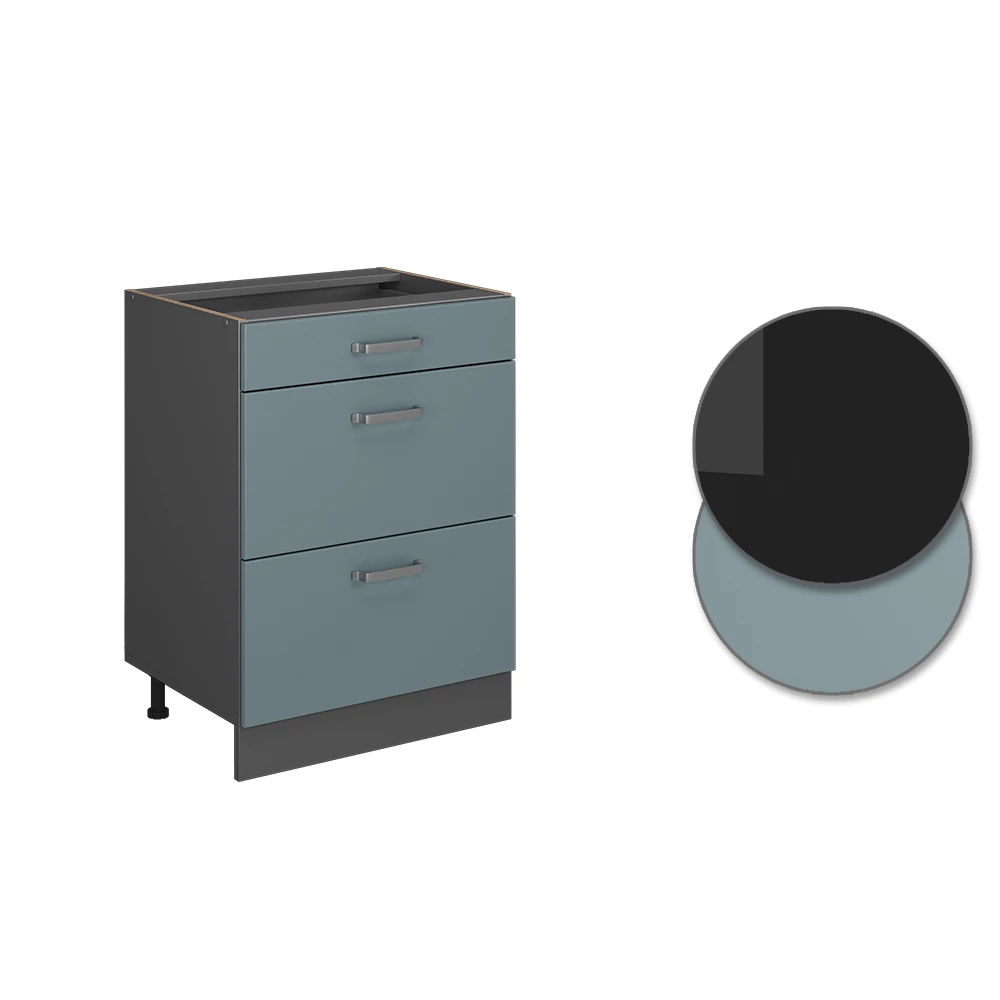 Vicco Küchenunterschrank "R-Line", Blau-Grau/Anthrazit, 60 cm mit Schubladen, ohne Arbeitsplatte