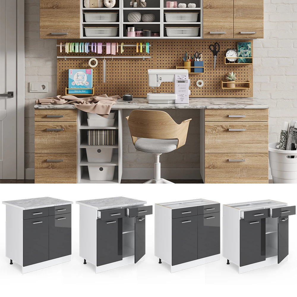 Unterschrank in Anthrazit Hochglanz, dargestellt im Ambiente und auf weißem Hintergrund