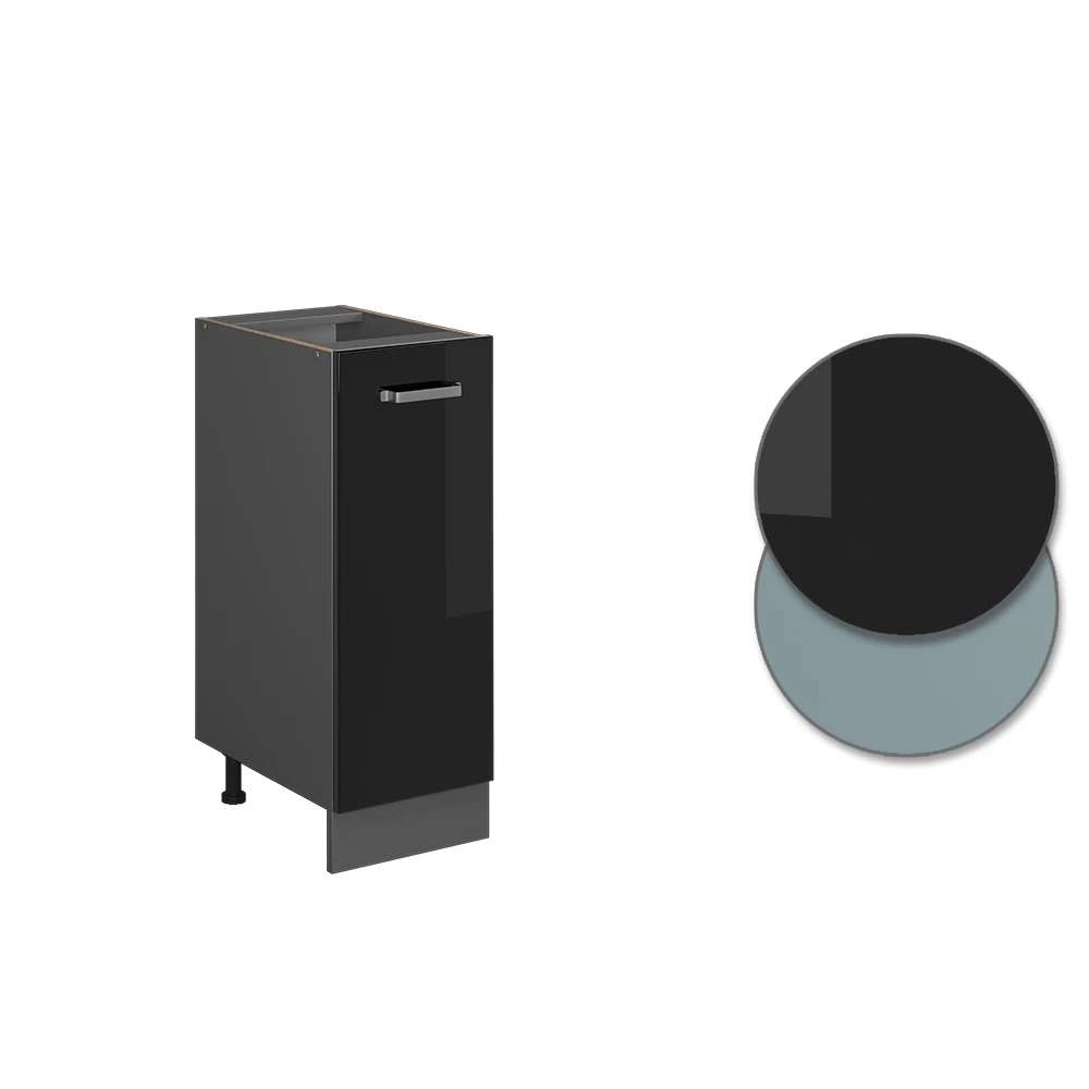 Nahaufnahme von Apothekerunterschrank in Schwarz Hochglanz, zeigt Design- und Oberflächendetails