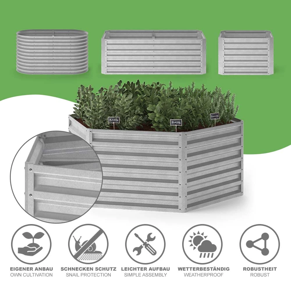 Nahaufnahme von Hochbeet in Silber, zeigt Textur/Details