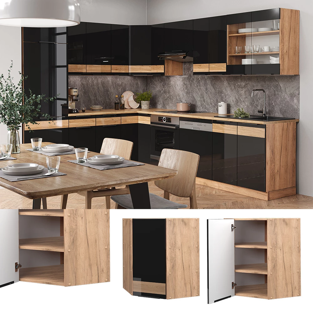 Vicco Mobile angolare da cucina Rovere nero lucido 57 cm, Fame-Line