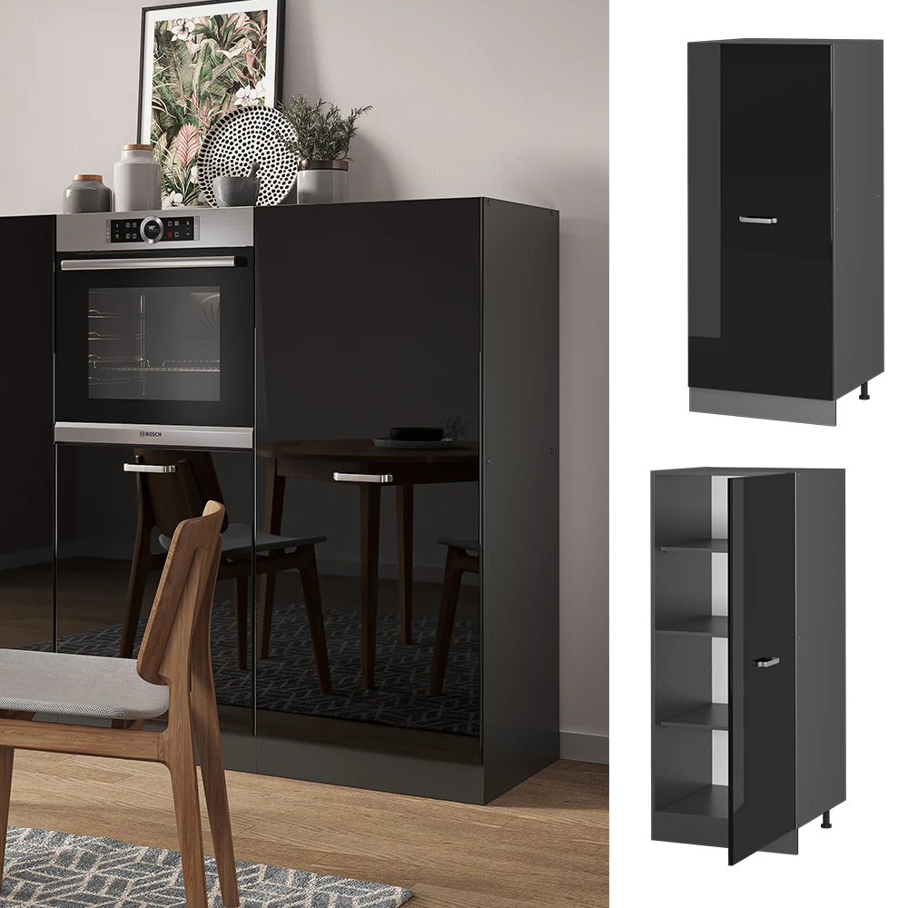 Hochschrank in Schwarz Hochglanz, dargestellt im Ambiente und auf weißem Hintergrund